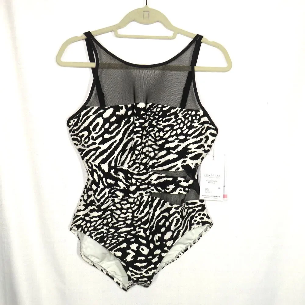 Contours By Coco Reef Animal Print Mesh Trimmed One Piece Swimsuit Size 16 - Picture 2 of 9